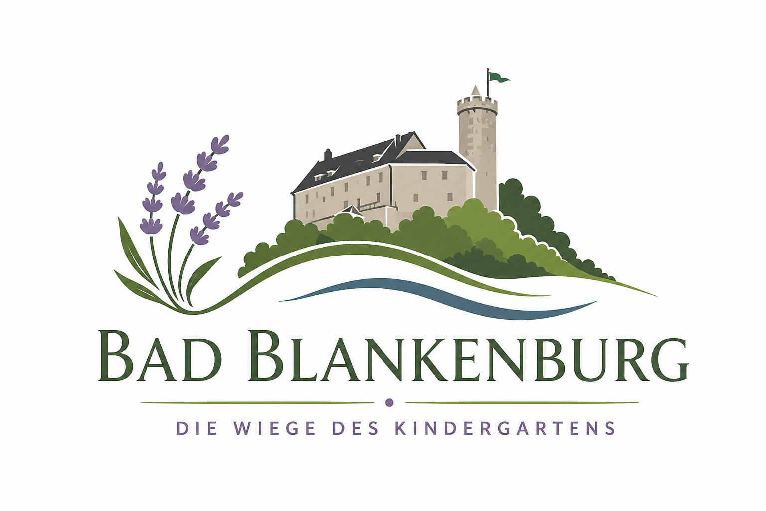 Logo der Website Bad Blankenburg mit Burg Greifenstein und Lavendel – Die Wiege des Kindergartens